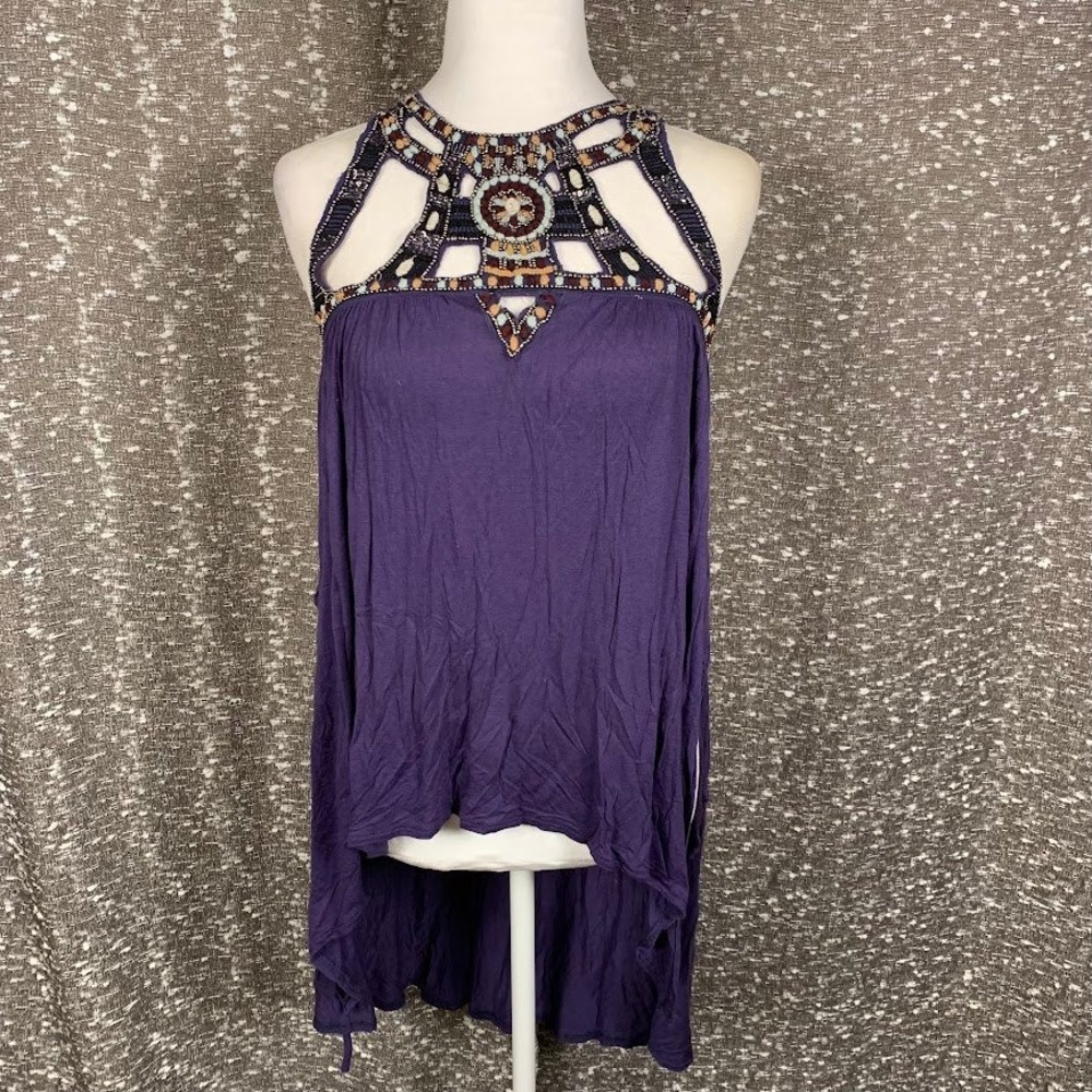 Free People Vision Quest Embellished Tunic Tank Purple Boho Festival Women's XS